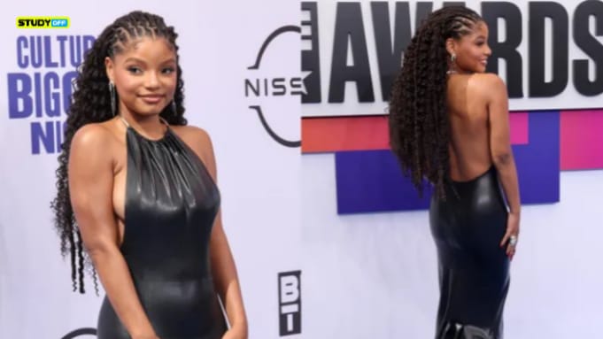 Halle Bailey on the BET Awards 2024 Red Carpet, embracing her backless silhouette in an Avellano dress with a flowing train